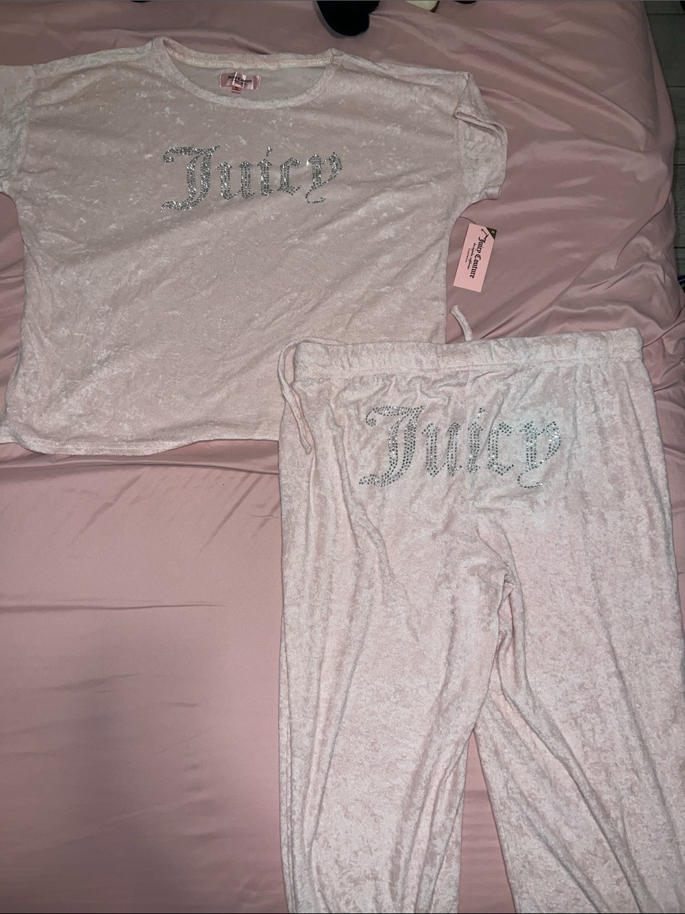 Juicy Couture Light Pink Velour Two-Piece Lounge Set with Crystal Logo
